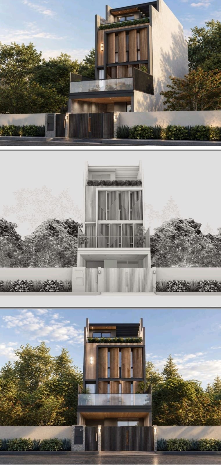 Modern inter-terrace house in Singapore with vertical timber-look facade and glass balcony, built by 3E Build